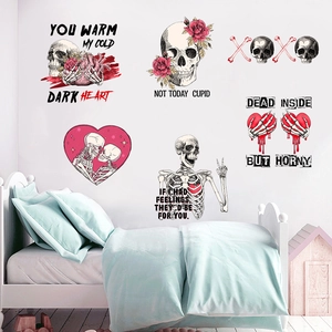 Gothic skull and heart flower self-adhesive wall decals for bedroom and living room decor