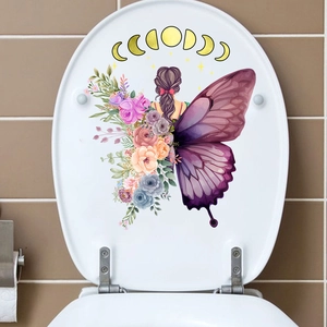 Detail of self-adhesive toilet lid decal featuring girl, flowers, and butterfly motifs