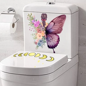 Waterproof PVC toilet stickers with butterfly girl floral pattern and yellow moon phases