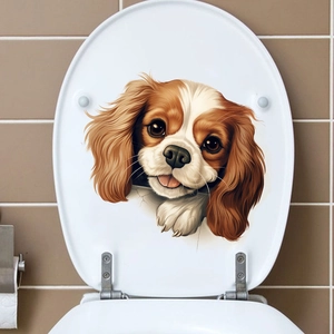 Close-up of a 3D Cavalier King Charles Spaniel waterproof wall sticker on a toilet lid