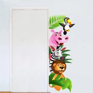 Detail showing colorful cartoon animal wall stickers with hippo, zebra and lion elements