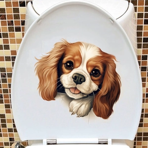 Detailed view of 3D Cavalier King Charles Spaniel dog sticker on white toilet lid