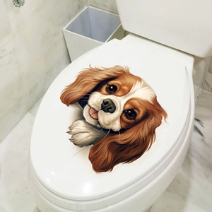 Detailed 3D self-adhesive sticker of a Cavalier King Charles Spaniel dog on a toilet lid