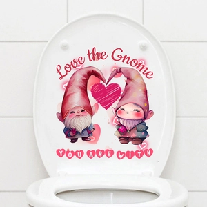 Detail of waterproof toilet lid sticker with gnome holding heart and love text