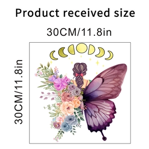 Detail view showing a 30cm butterfly girl wall sticker with moon phase and flower patterns