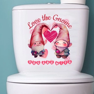 Close-up of cute Valentine gnomes with hearts on a waterproof bathroom toilet sticker