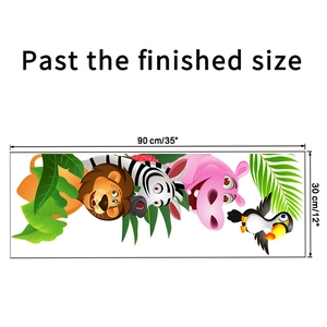Detailed dimensions showing 90x30cm cartoon forest animal wall stickers with zoo motifs