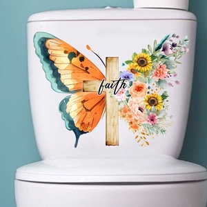 Detail of floral butterfly cross faith sticker on white toilet tank with watercolor flowers