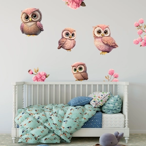 Stickers muraux hiboux roses et fleurs pour chambre d'enfant avec quatre hiboux mignons