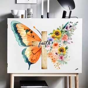 Detail of floral butterfly faith wall sticker applied to white minimalist cabinet door