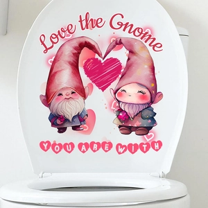 Detail of Valentines Day gnome decals with hearts applied on a white toilet lid cover