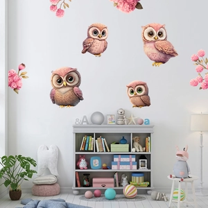 Stickers muraux hiboux roses et fleurs de cerisier pour chambre enfant et crèche