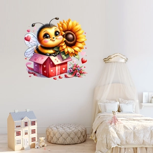 Cartoon bee and sunflower wall decals for kids bedroom with heart patterns and vivid colors