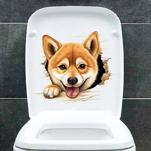 3D realistic shiba inu dog sticker showing breakthrough effect on a white toilet lid cover