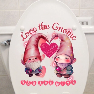 Detail showing cute Valentine gnomes and heart stickers on a white toilet lid surface