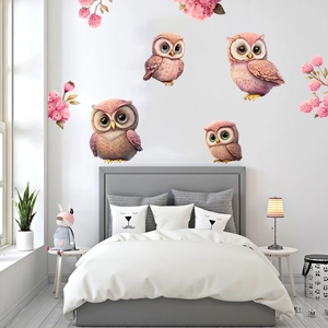 Stickers muraux chouettes roses avec fleurs pour décoration de chambre d'enfant
