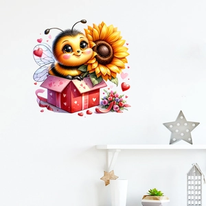 Cartoon bee in heart gift box wall sticker with sunflower for kids room decor