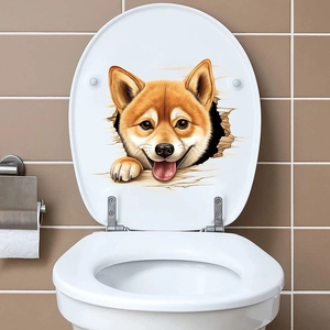 Detailed 3D Shiba Inu waterproof wall sticker applied on a white toilet seat cover