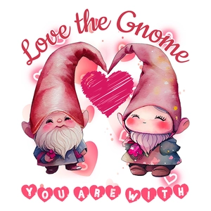 Detailed watercolor gnome couple illustration with pink hearts and Love the Gnome text