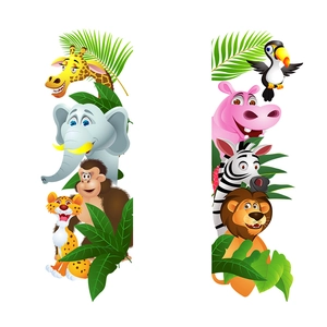 Tropical jungle animals wall decals with giraffe elephant and monkey for living room decor