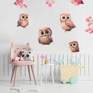Sticker Mural Hibou Dessin Animé Rose Fleur PVC Imperméable Autocollant Mural pour Chambre d'Enfant Salon Décoration Maison