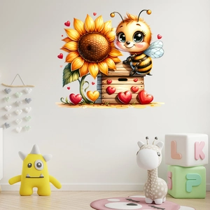 Cartoon bee and sunflower wall sticker for kids room decoration with heart patterns