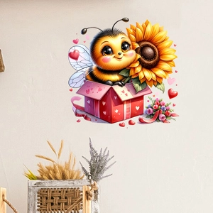 Cartoon wall sticker with a cute bee holding a sunflower inside a heart-patterned gift box