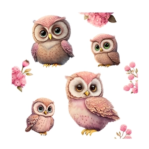 Stickers muraux hiboux roses et fleurs pour salon et décoration de chambre