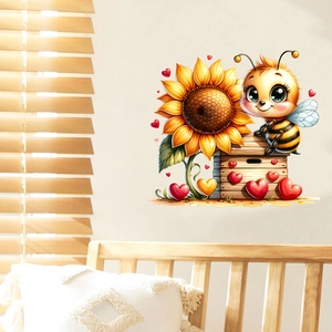 Cartoon bee and sunflower wall sticker with heart elements for cozy kids' room decor