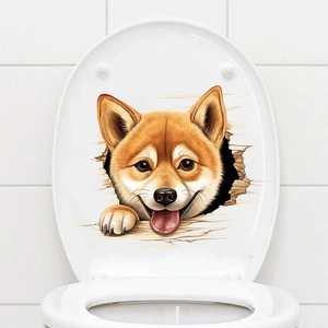 Macro shot of 3D Shiba Inu wall sticker showing creative cracked wall effect on a white surface