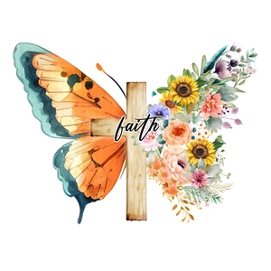 Detail of watercolor butterfly wall decal with wooden cross and faith typography