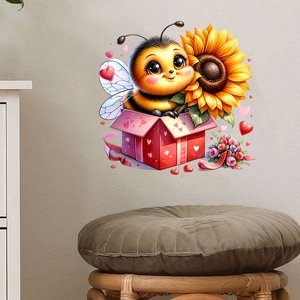 Detailed view of cartoon bee and sunflower wall sticker in a cozy nursery room setting