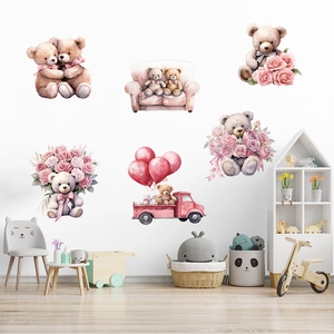 Teddy bear wall stickers with watercolor truck and rose balloons for kids room decoration
