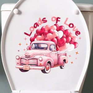 Watercolor sticker of a pink vintage truck with heart balloons on a toilet lid