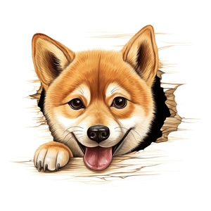 Detailed 3D Shiba Inu puppy wall decal showing a dog peeking through a broken wall effect