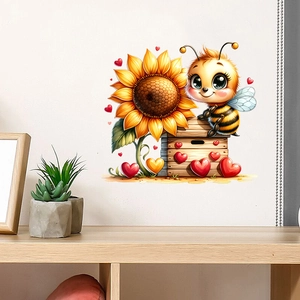 Cartoon bee and sunflower wall sticker with honey bee hive for home decor
