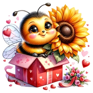 3D cartoon bee in heart gift box holding sunflower wall sticker for kids room decor
