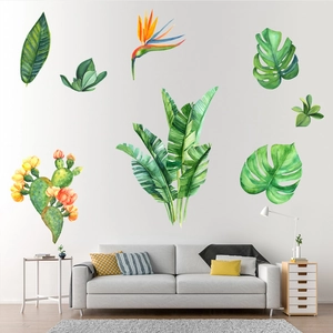 Tropical watercolor plant wall stickers featuring cacti and monstera leaves for home decor