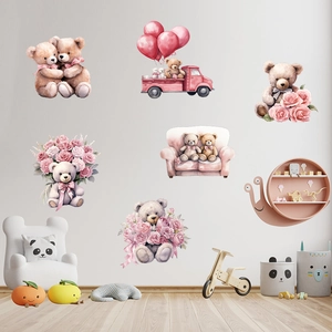 Watercolor bear truck and pink rose wall stickers for nursery and bedroom decor