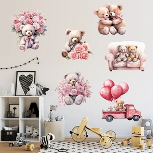 Detailed watercolor teddy bear and rose wall stickers for nursery and children's room decor