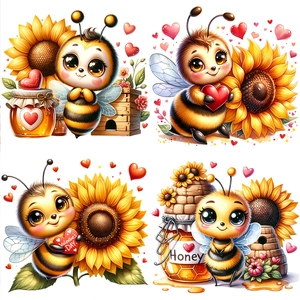 Cartoon bee and sunflower wall stickers set with heart motifs for Valentine home decor