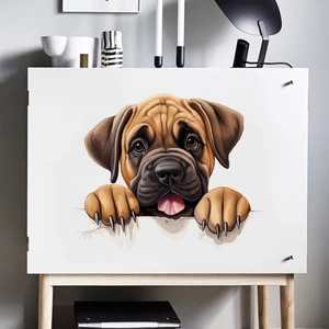 3D puppy wall sticker featuring a cute brown dog peeking through a torn effect on a cabinet