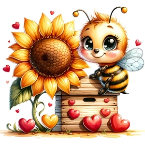 Cartoon bee wall sticker with sunflower and red hearts for home nursery decoration