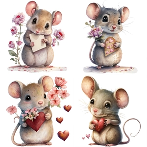 Watercolor Valentine mouse wall stickers featuring hearts and flowers for home decoration