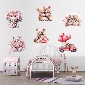 Watercolor Teddy Bear Wall Decal Roses Balloons Pink Heart Truck PVC Removable Wall Sticker Nursery Kids Room Decor