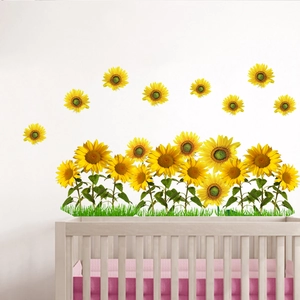 Sunflower and green grass self-adhesive wall stickers for kids bedroom decor