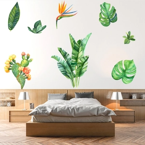 Tropical watercolor plant wall stickers featuring monstera and cactus for bedroom decor