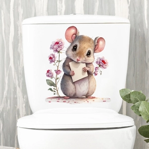 Close-up of cute watercolor mouse and pink flowers wall sticker on white toilet tank