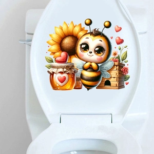 Detail of self-adhesive cartoon bee and sunflower sticker on a white toilet lid