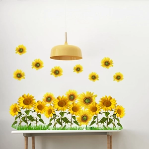Vibrant sunflower and green grass wall stickers set for living room and bedroom decor